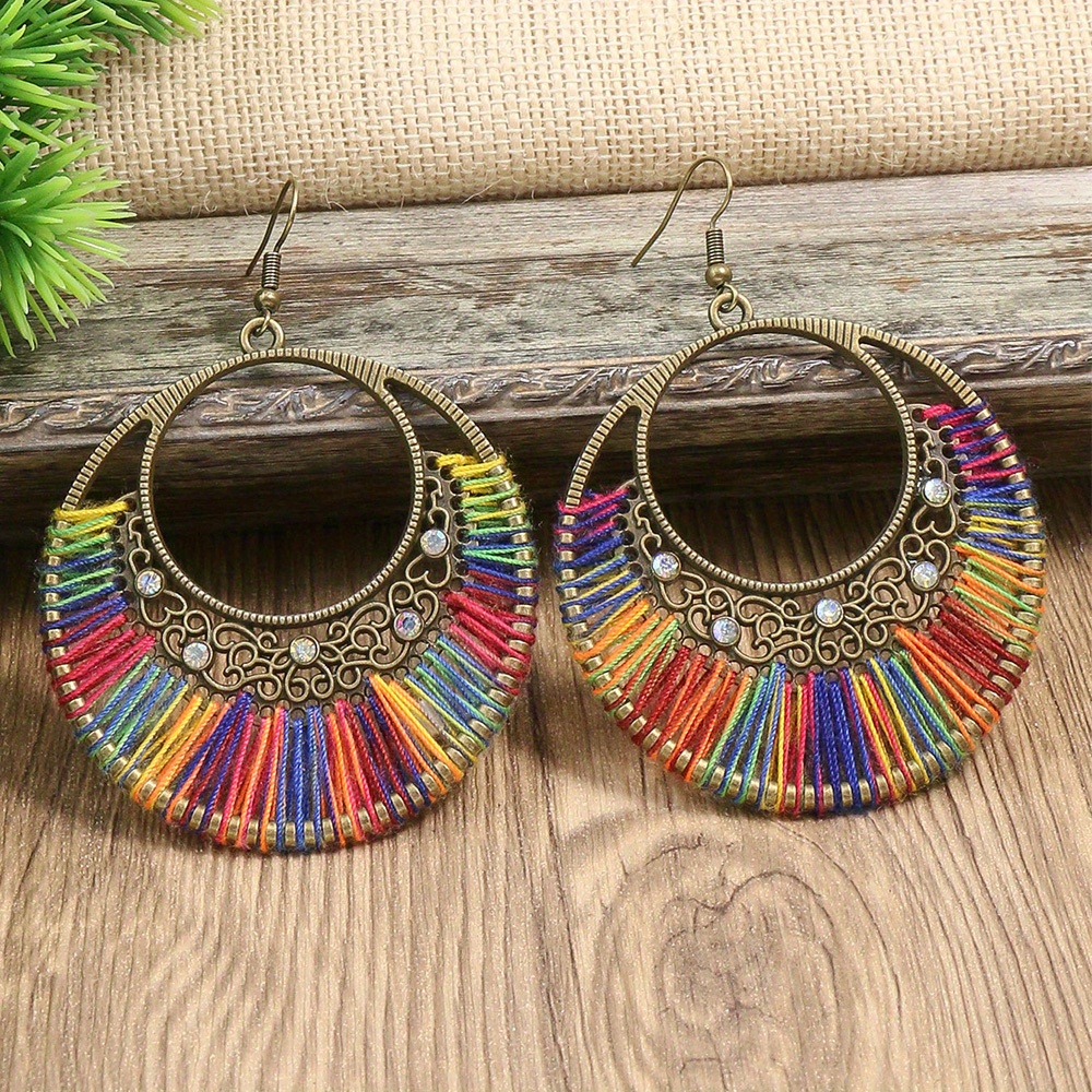 Image of Bohemian Vintage Ethnic Style Women' Earrings, Round Hollow Alloy With Colorful Thread Detail And Rhinestone Accents, Colors For Daily Wear, Work, Travel, And Street Fashion