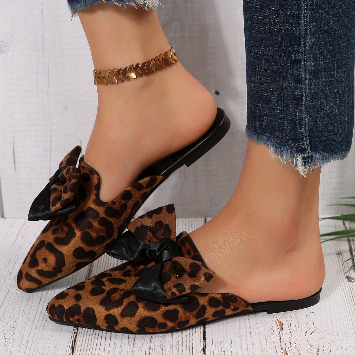 Women's Bowknot Decor Flat Shoes Casual Leopard Print Point - Temu