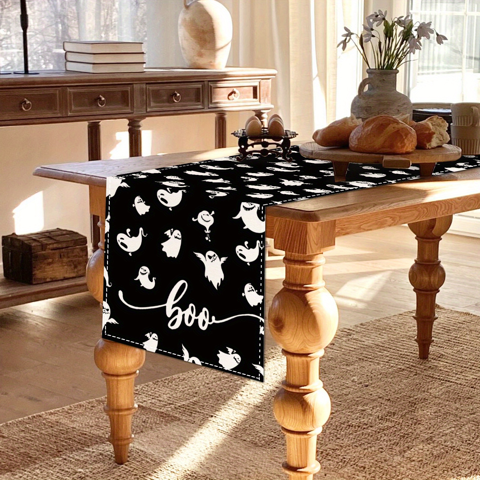 Halloween Table Runner - Black Seasonal Dining Decor, 13x72 Inch, Polyester Burlap For Party & Home