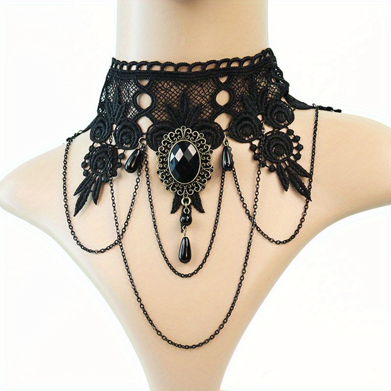 Lace Choker Necklace With Beads Chain Pendants Gothic Jewelry For Woman Girl  - Black 