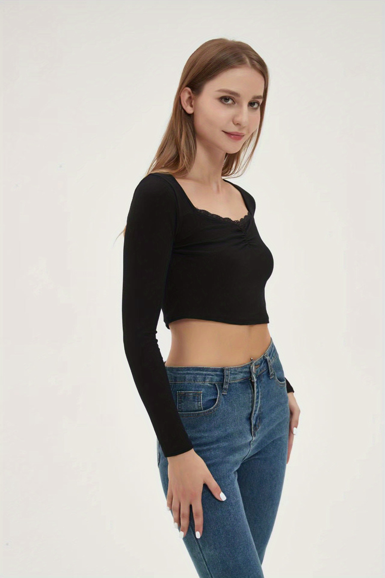 Basic Skinny Stretchy Crop Tshirt, Long Sleeve Square Neck Solid T
