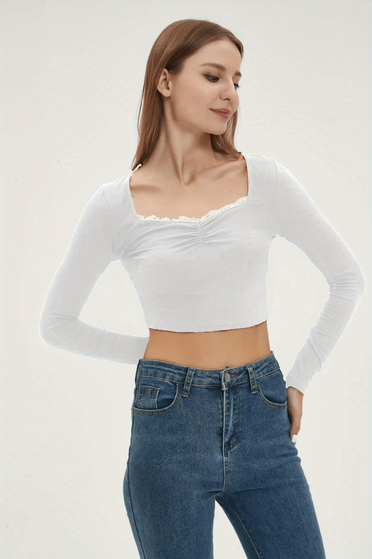 Basic Skinny Stretchy Crop T shirt Long Sleeve Square Neck Temu