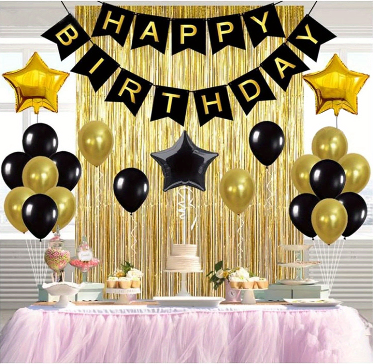 Birthday Decorations for Women Girls, Gold Black Party Decorations Set with  Happy Birthday Banner(Pre-Strung), Foil Confetti Balloons,Tassel Garland