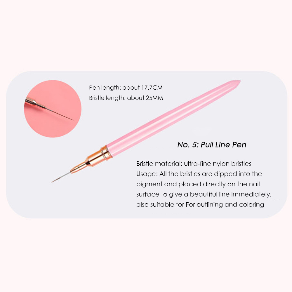 5pcs Fine Striper Brush Set for Nail Art - Pink Metal Handle