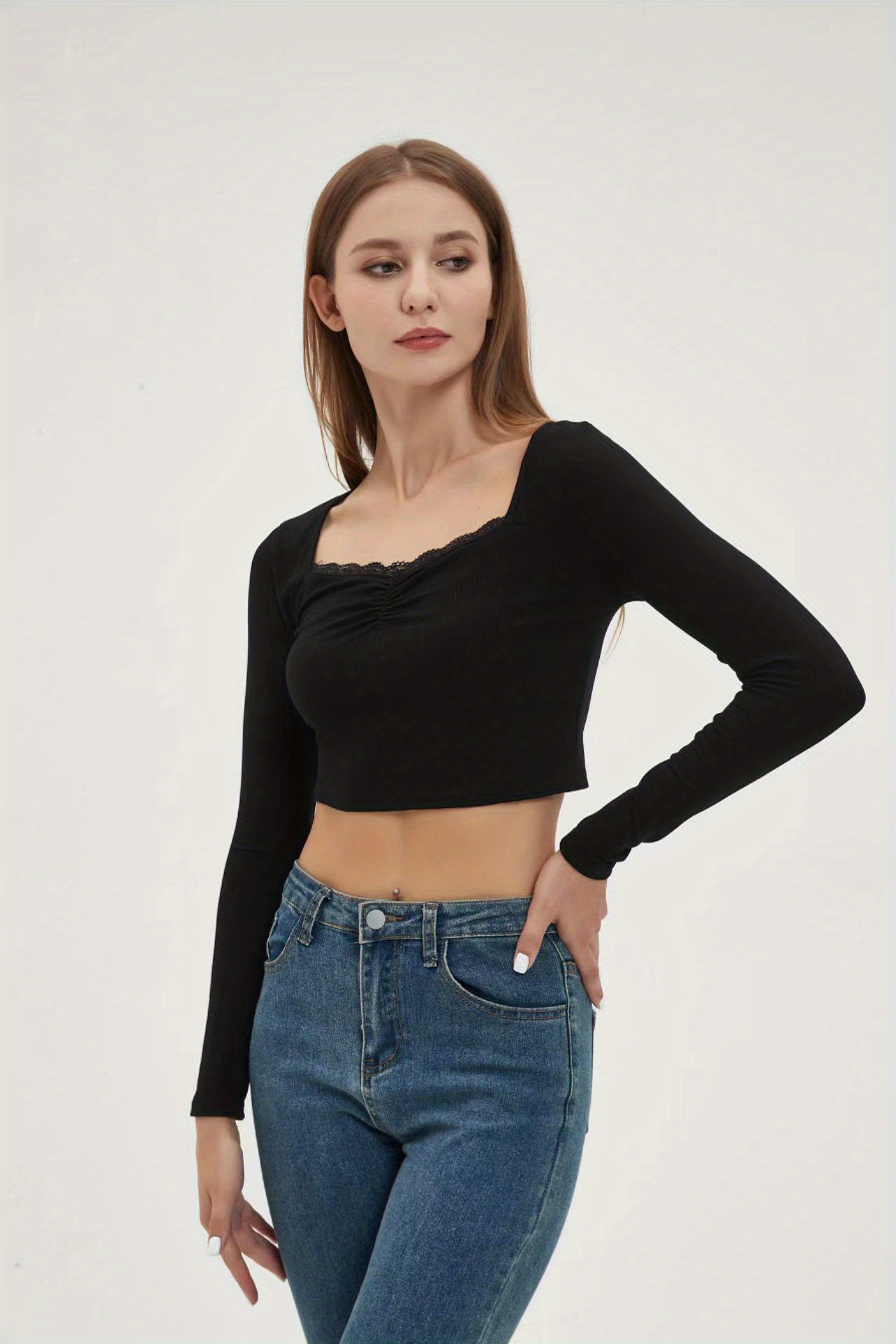 Basic Skinny Stretchy Crop T shirt Long Sleeve Square Neck Temu