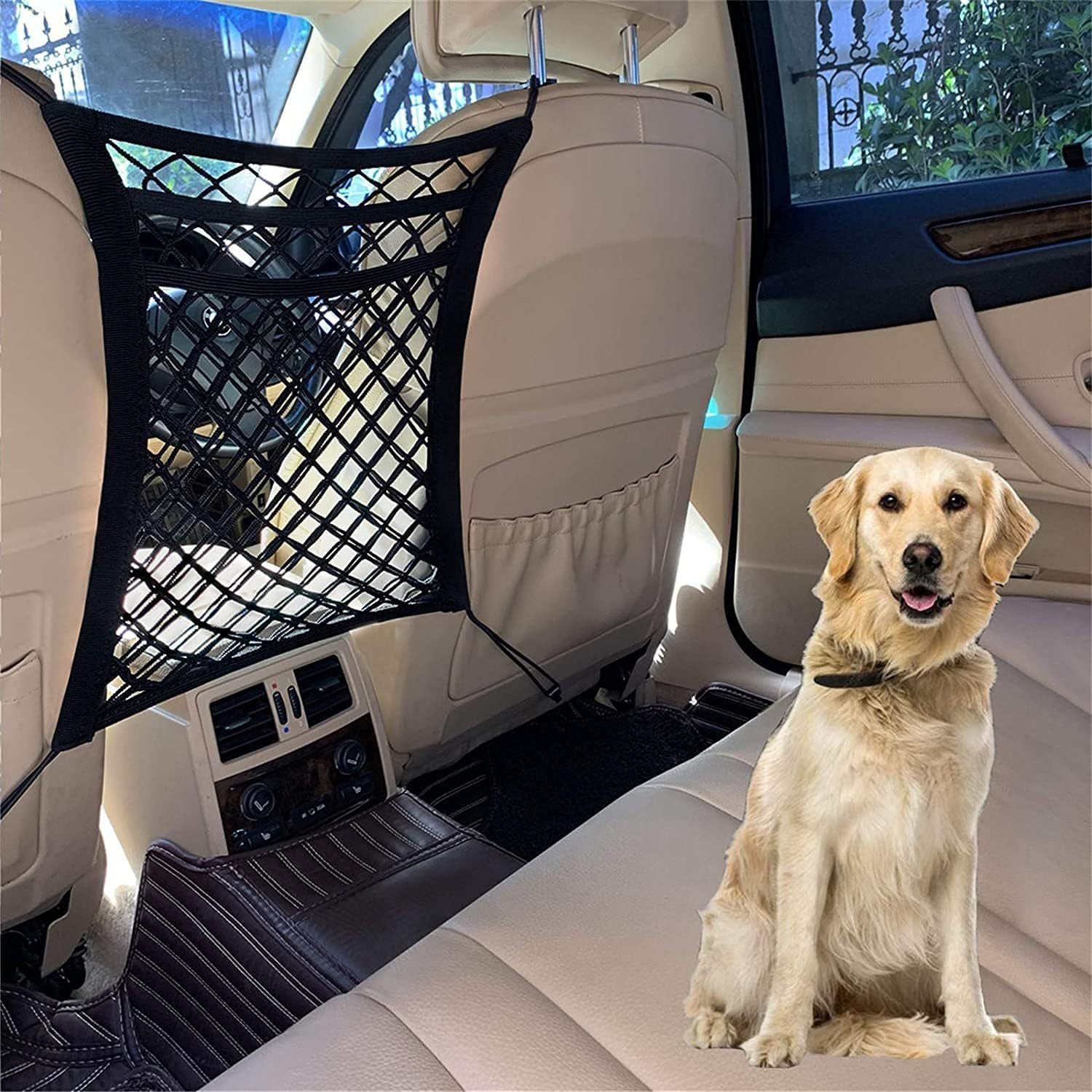 Barrera de red para perros con organizador de malla de seguridad  automática, bolsa de almacenamiento elástica universal para automóviles,  SUV, fácil