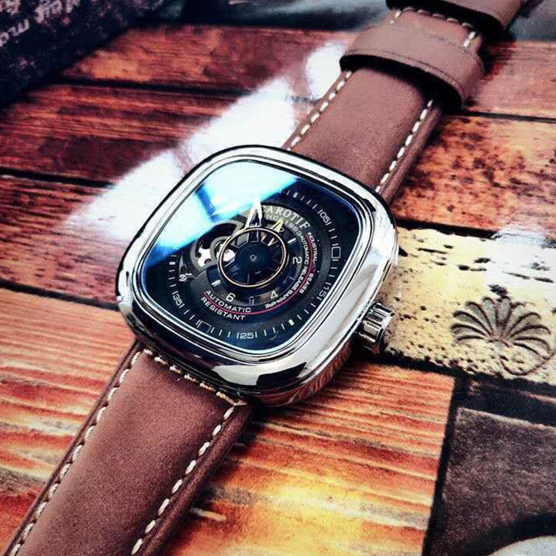 Mens watch square hot sale face leather strap