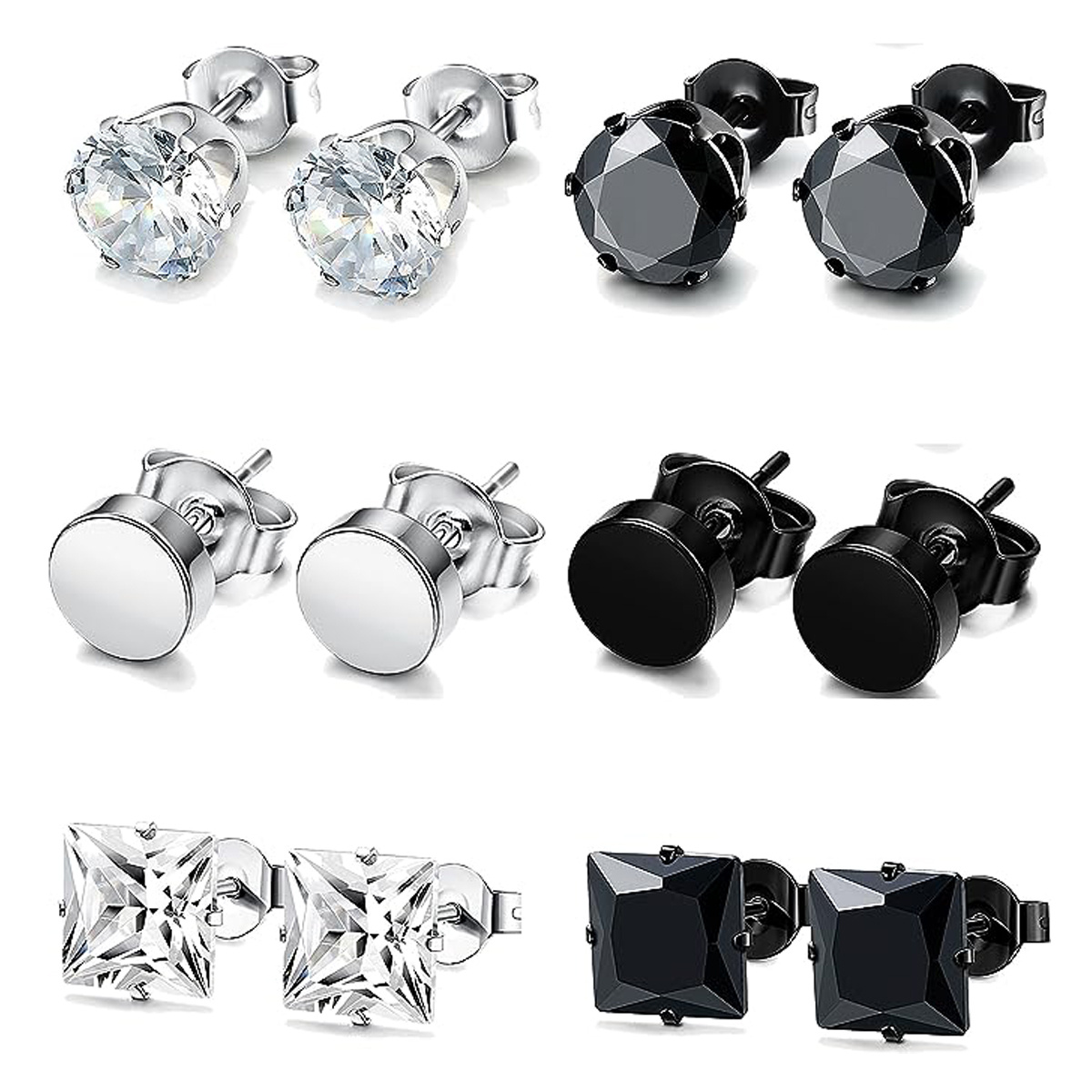Image of 6 Pairs Stainless Steel Cz Stud Earrings Set For Men Women Cz Round Earrings Black Hypoallergenic Earrings Piercing Studs Jewelry