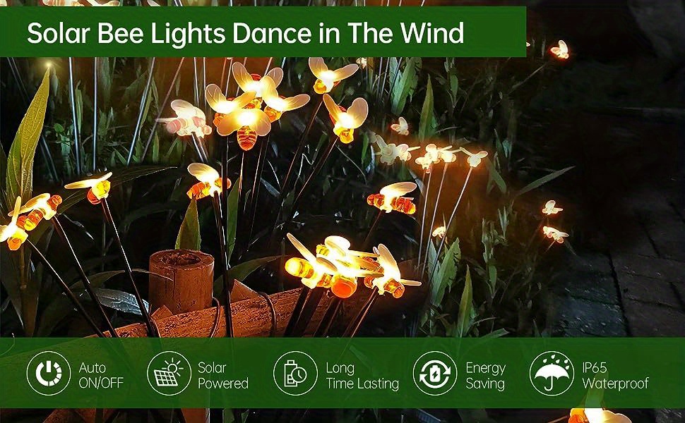 1pc solar garden lights solar bee firefly lights with 2 lighting mode sway by wind waterproof solar decorative lights solar outdoor lights for yard patio walkway decoration warm white color details 0