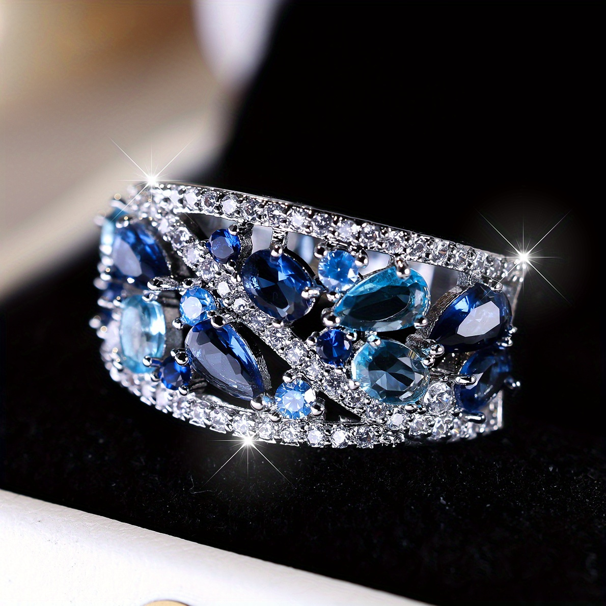 Navy Blue Royal Blue Round Oval Teardrop Combination Zirconia Super Sparkle Ladies Elegant Gorgeous Wedding Ring Engagement Ring
