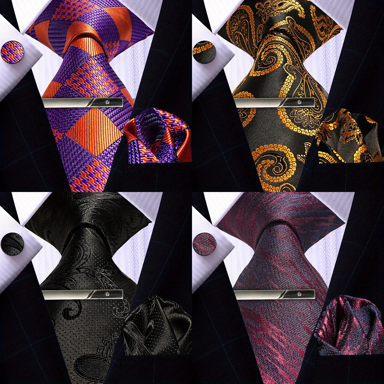 Men's Tie & Pocket Square Towel & Cufflinks & Ties Clip Set, Woven