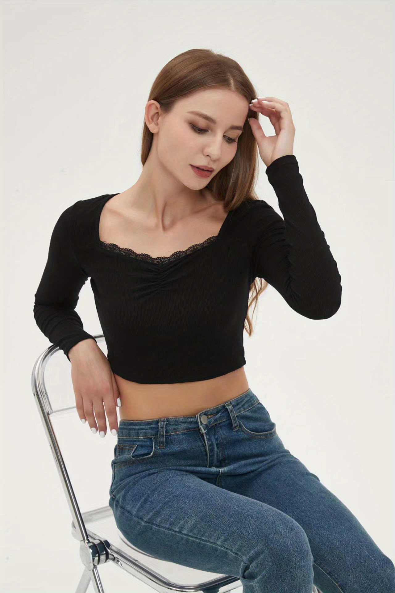 Basic Skinny Stretchy Crop T shirt Long Sleeve Square Neck Temu