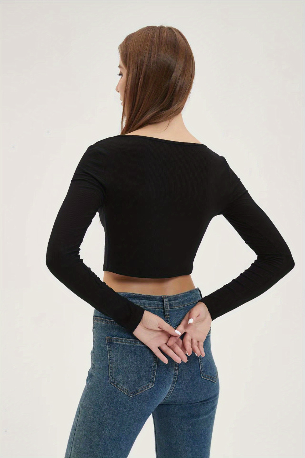 Basic Skinny Stretchy Crop T shirt Long Sleeve Square Neck Temu