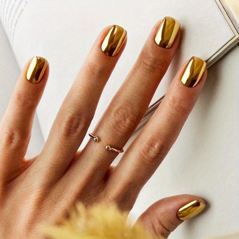 shiny punk style metallic gold press on false fake nails metal plating acrylic square reflective golden nail art tips 24pcs details 0