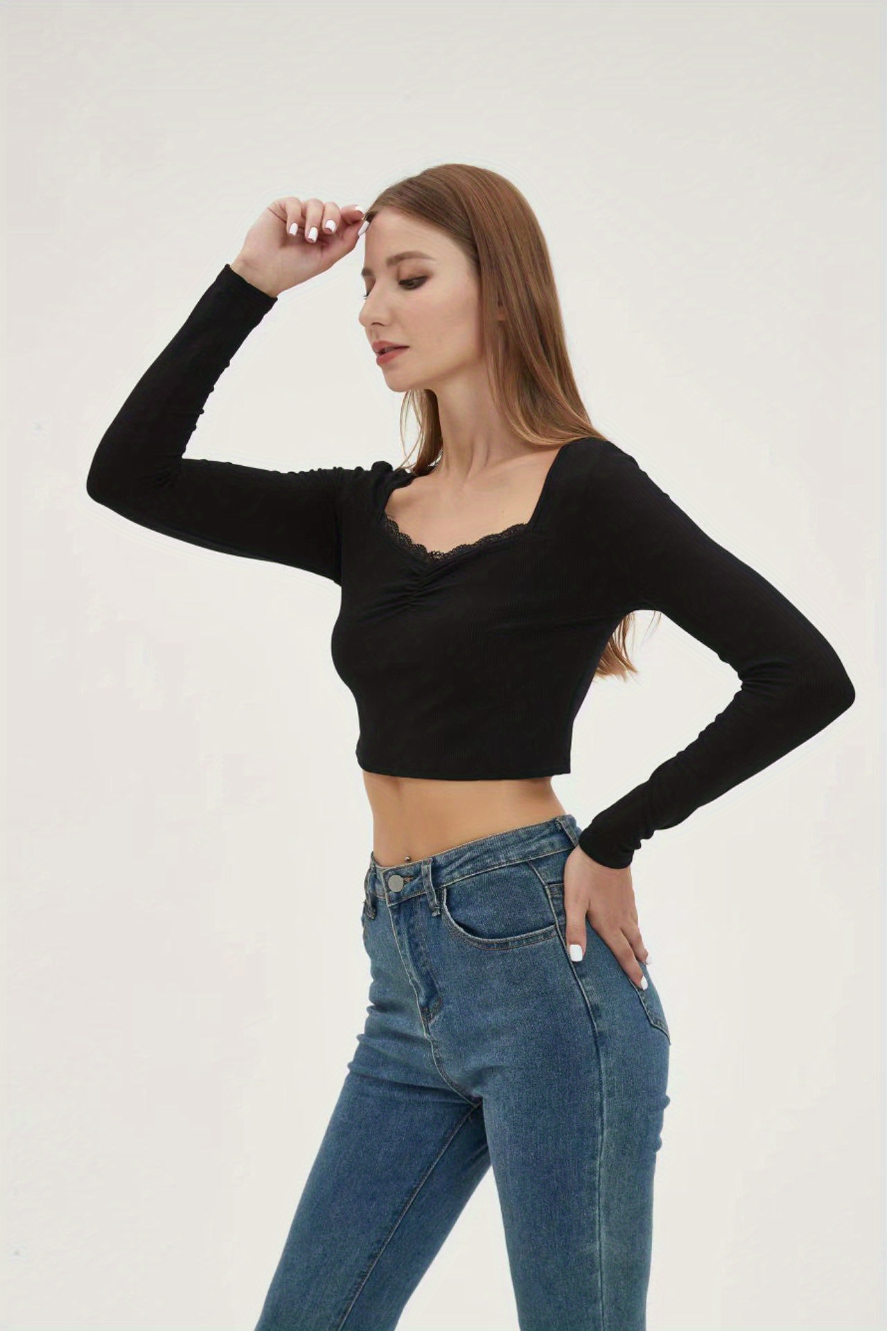 Basic Skinny Stretchy Crop T shirt Long Sleeve Square Neck Temu