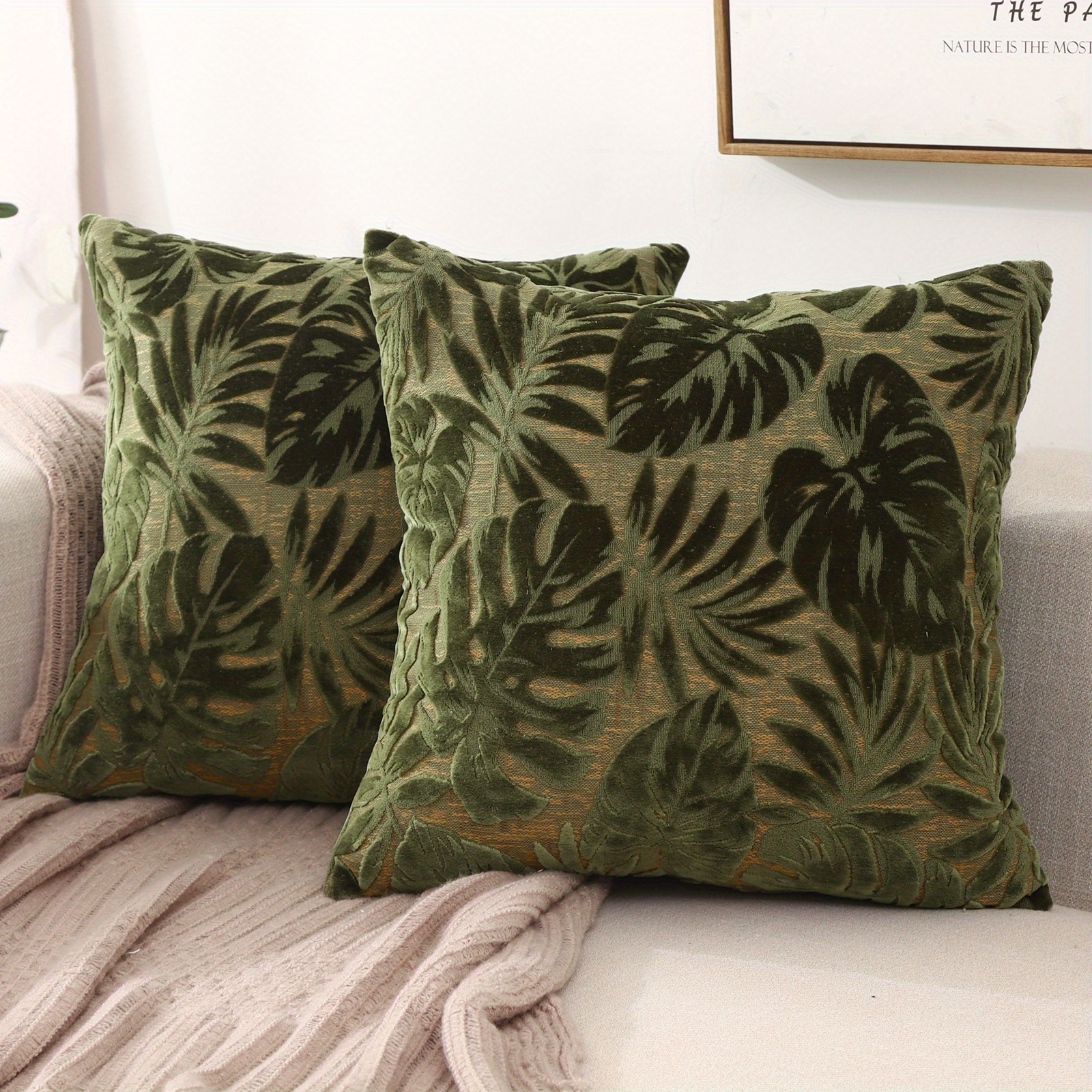 Image of 2pcs/ Leaf Chenille Jacquard Cushion Cover Tropical Plants Pillow Cases Home Decor Throw Pillowcases Without Insert