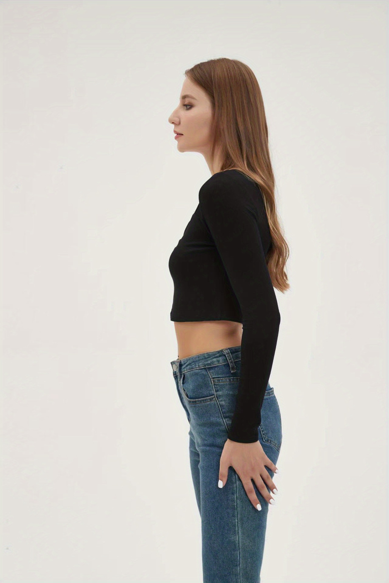Basic Skinny Stretchy Crop T shirt Long Sleeve Square Neck Temu