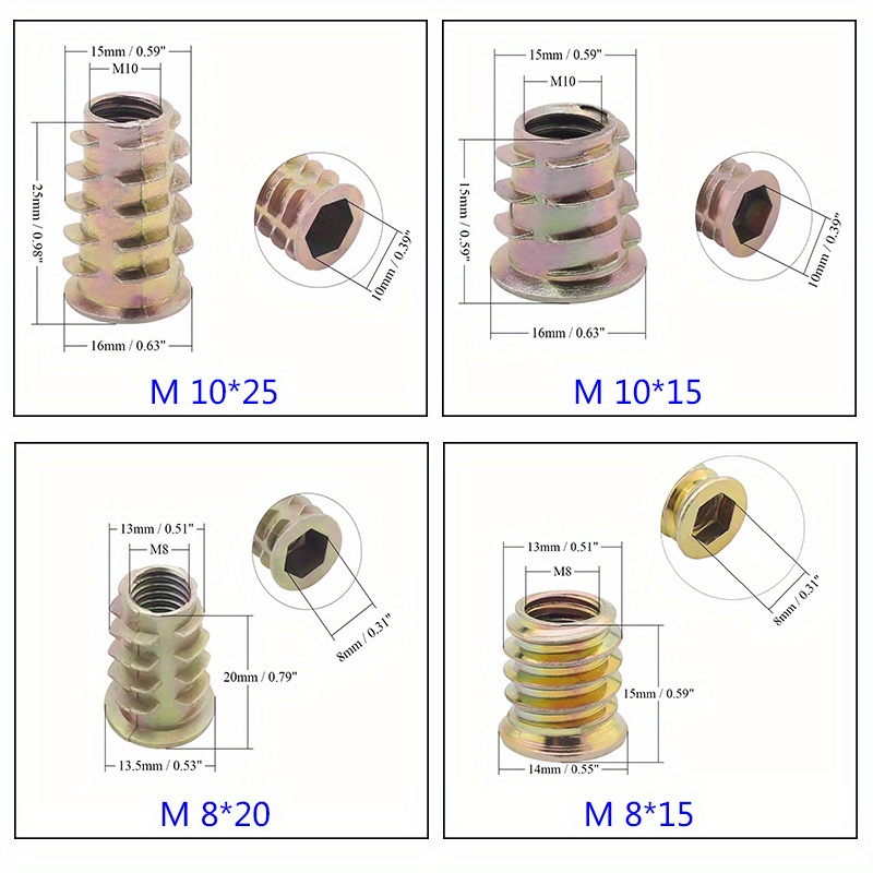 130 Pcs M6 M8 M10 Threaded Wood Inserts Assortment Kit, 0.4, 1/2, 0.6,  0.7, 0.8, 1 Threaded Inserts Nuts, Carbon Steel Hex Socket Drive  Furniture Flanged Fastener Connector Screw-in Nuts: : Industrial
