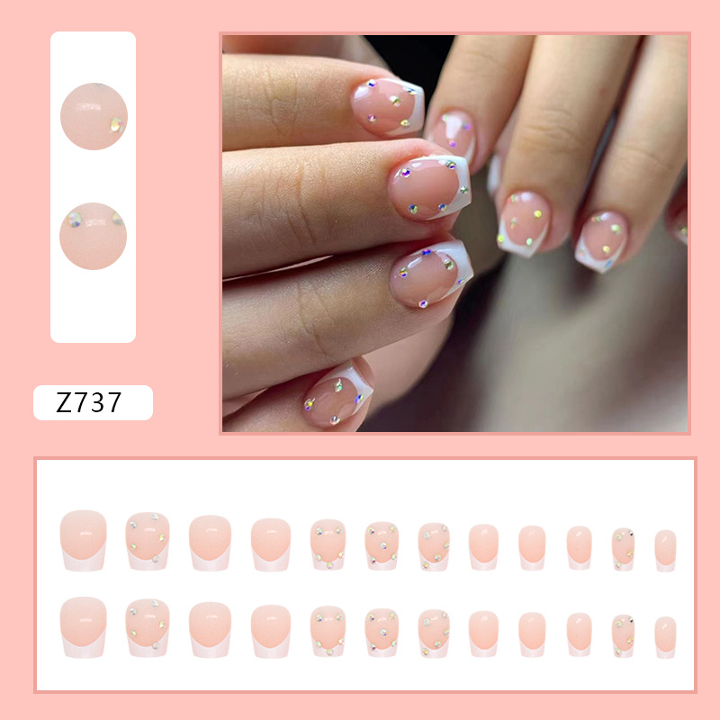 TEMU Chic Short Ballet White French Tip Press-on Nails With Sparkling Rhinestones - Sweet And Simple Pink And Purple Glitter Design, Glossy Finish, ,