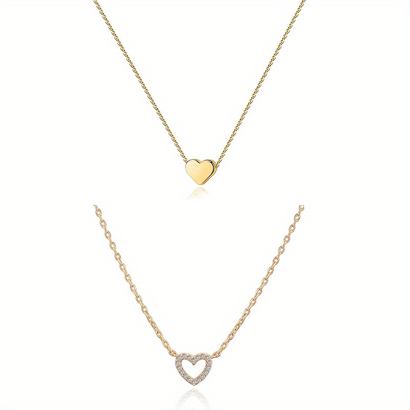 2pcs Heart Pendant Neckalce14K Gold Plated Cubic Zirconia Heart Decor  Necklace Charm Dainty Love Pendant Necklaces For Women Girls