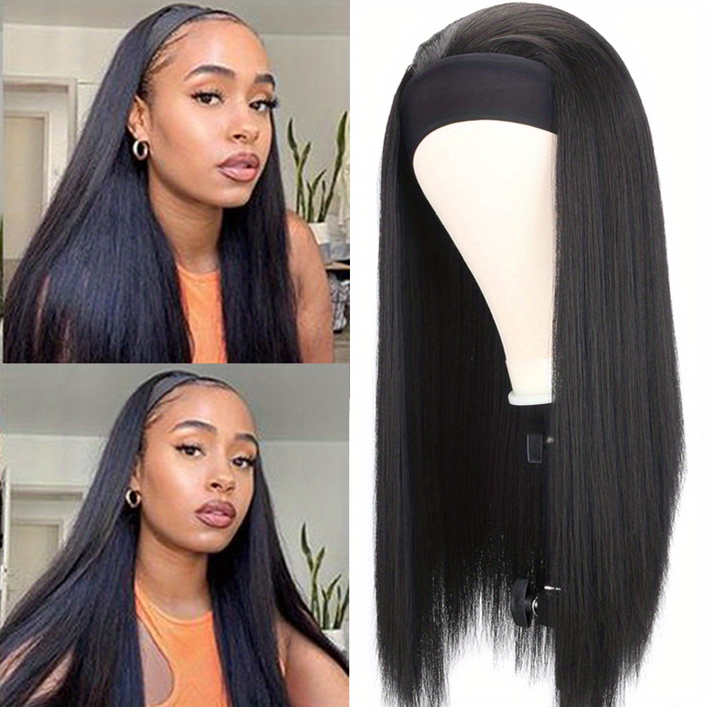 Straight Headband Wig Black Brown Mix Color Heat Resistant Synthetic Hair Women s Headband Wig Full Machine Made Wigs For Women 180 Density