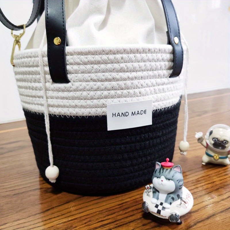 Colorblock Straw Bucket Bag Crossbody Drawstring Purse