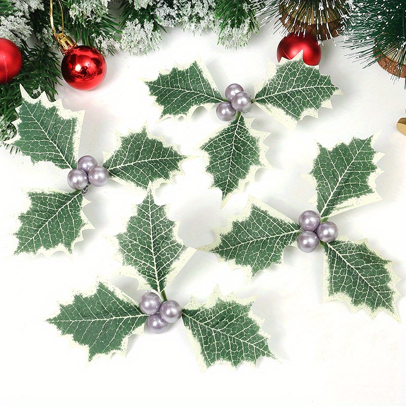 5-100Pcs Artificial Holly Berry Green Leaves Christmas Ornaments