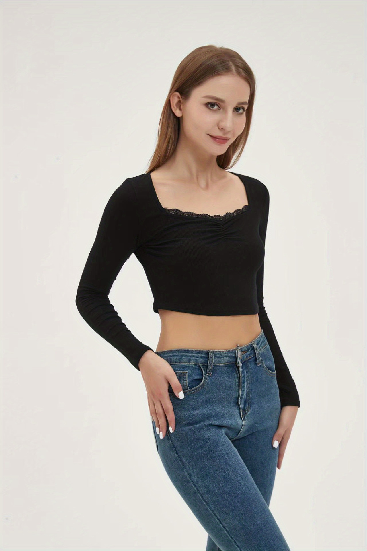 Basic Skinny Stretchy Crop T shirt Long Sleeve Square Neck Temu