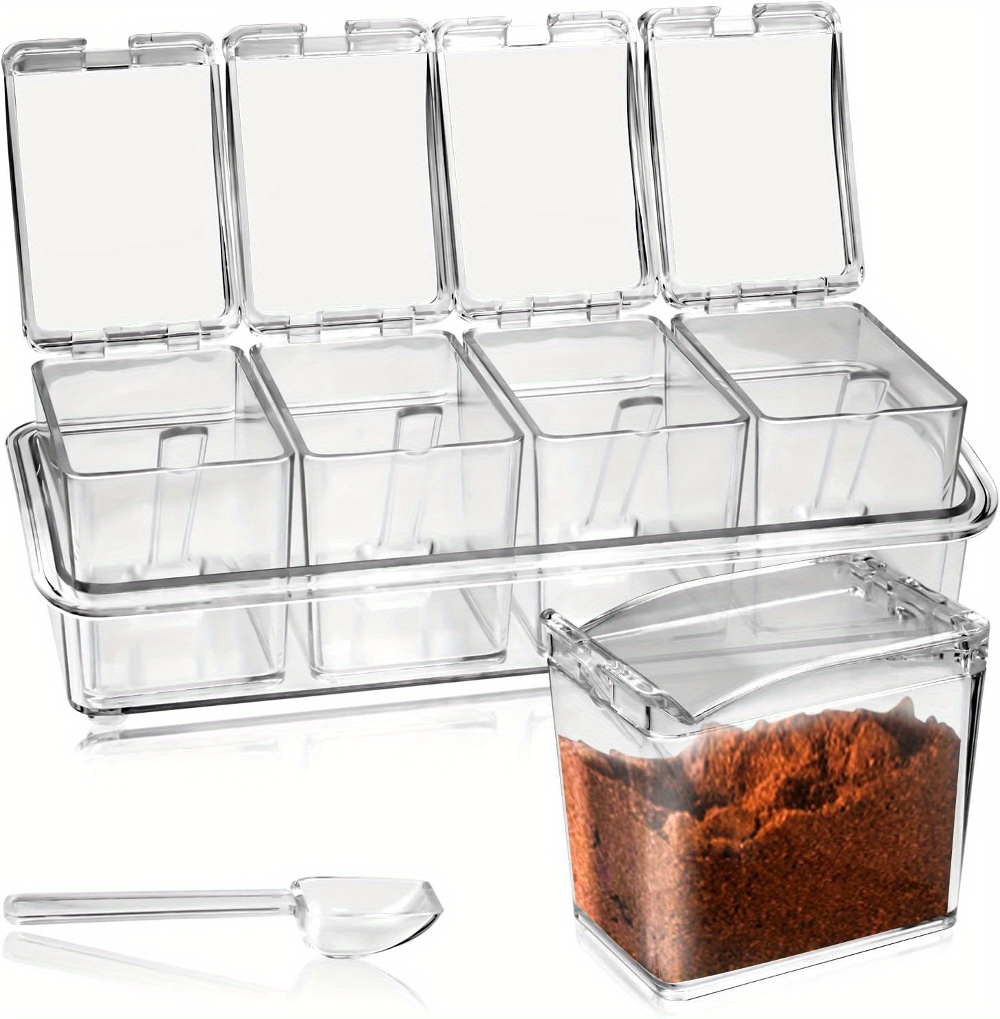 Kitchen Acrylic Seasoning Box - Premium Quality Pure Acrylic Container and Case- Stainless Steel Ring 4 Jar Spice Jar & Rack Prep & Savour