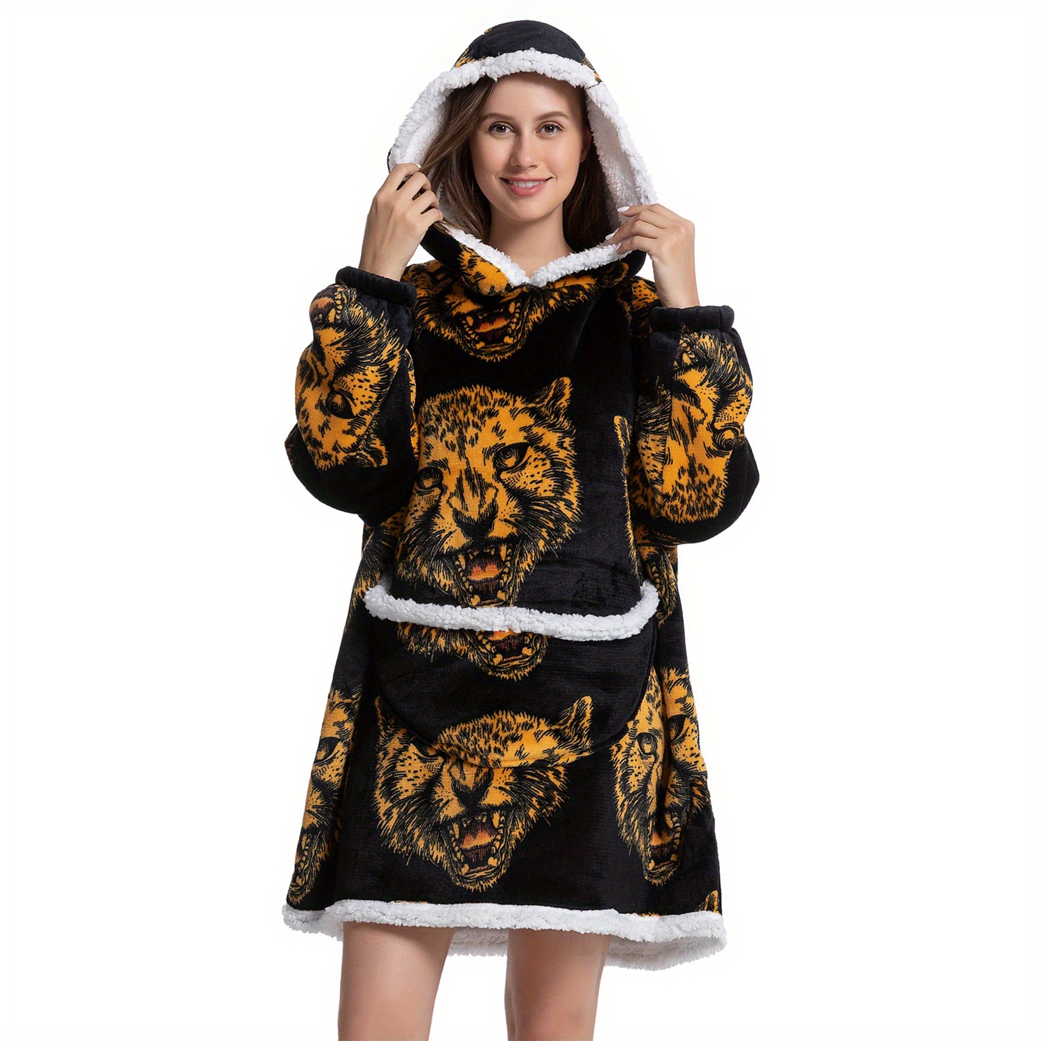 Womens Oversized Animal Panther Print Snuggle Hoodie Adult Fleece
