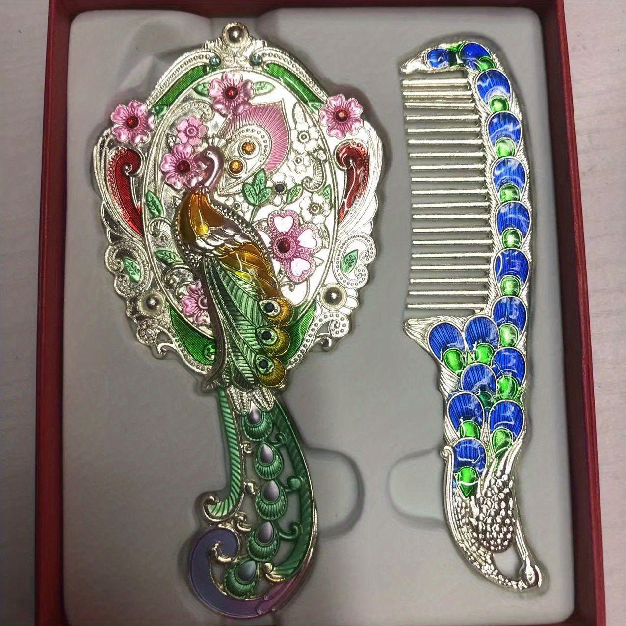 Vintage Peacock Handheld Mirror Comb Set
