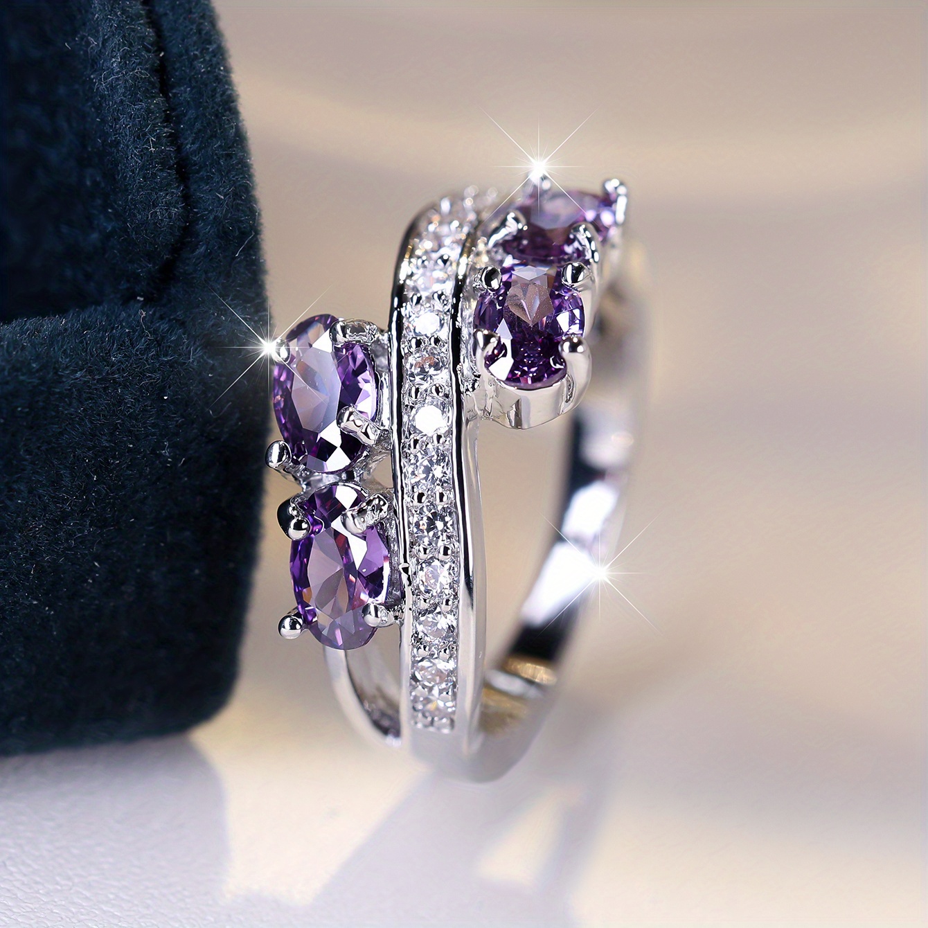 TEMU Purple Synthetic Zirconia Ladies Elegant Charm Ring Bride Wedding Ring Engagement Shiny Personality Jewelry