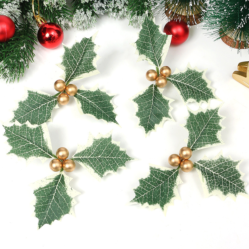 Christmas Artificial Holly Berry Green Leaves Ornaments Gold Red Holly  Berry Stems Xmas Wreath Gifts Wedding Party Decoration - AliExpress