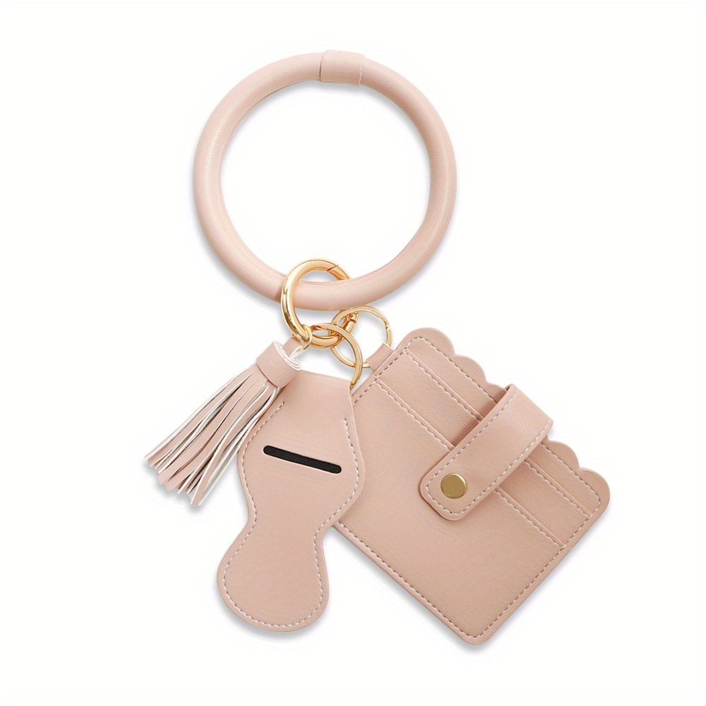 Wristlet Bracelet Keychain Circle Key Ring Pocket Card Holder for Women in Pink