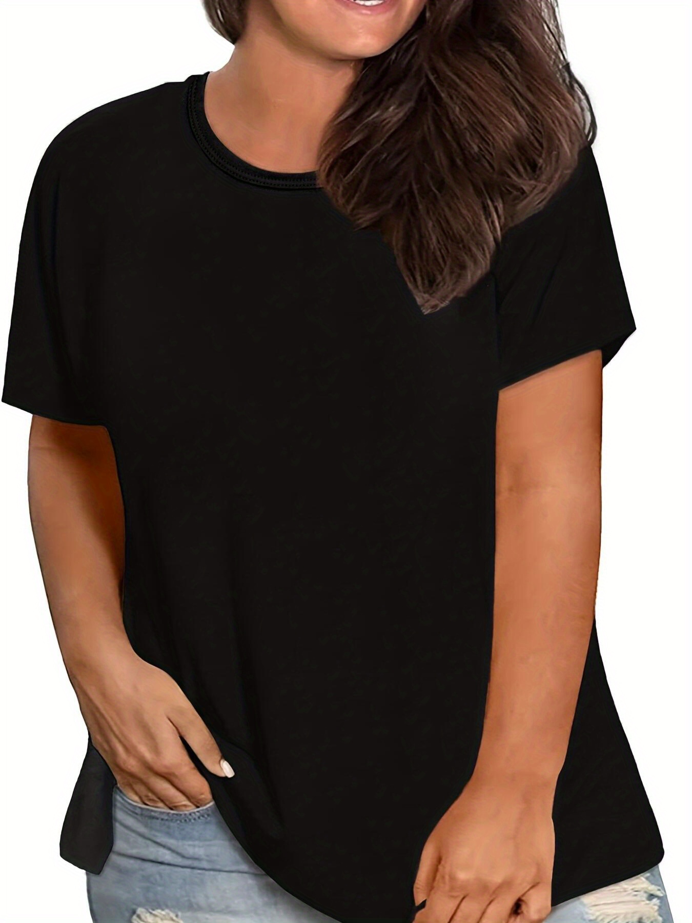 Women'S Plus Size Black T-Shirt - Casual Crew Neck, Short Sleeve, Lightweight & Stretchy, Summer Fashion, Everyday Tshirt|Casual Style|Comfortable Fit, Plus Size Shirts