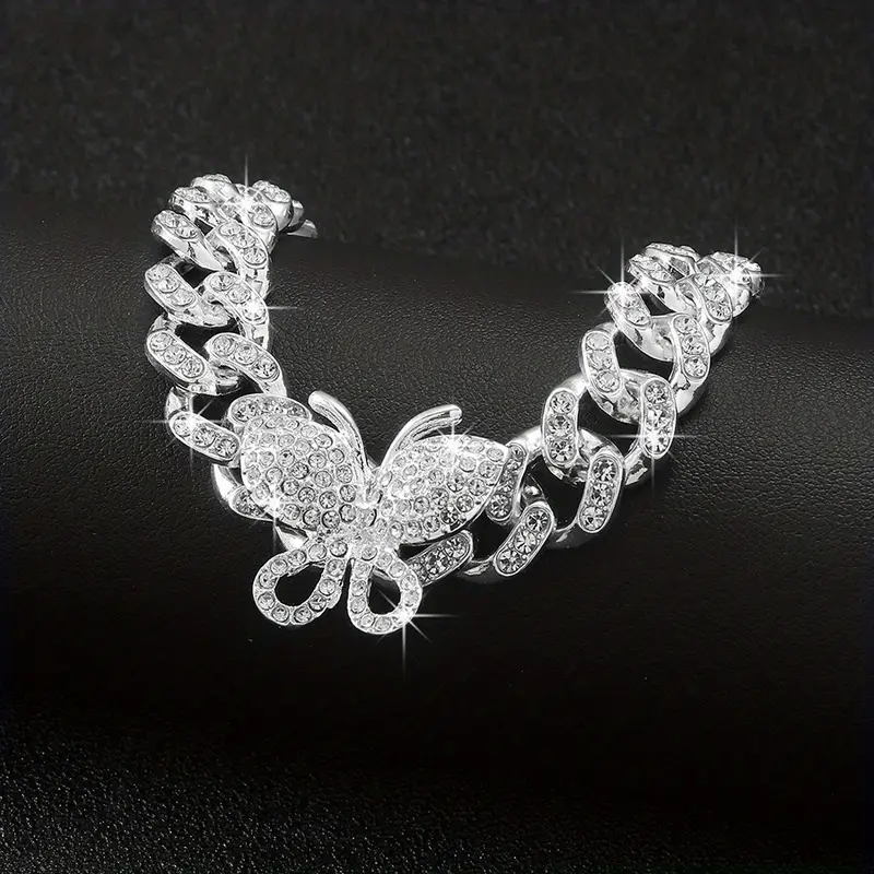 luxury sparkling rhinestone exaggerated style hip hop cuban chain butterfly bracelet details 9