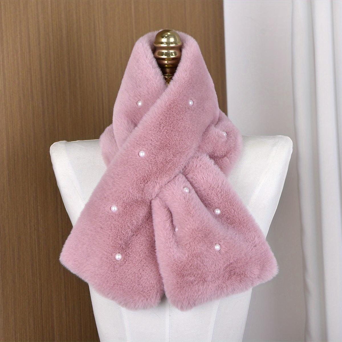 Solid Color Faux Fur Collar Scarf Soft Warm Double Sides Cross Tie Scarf  Faux Pearl Decorated Neck Scarf - Temu