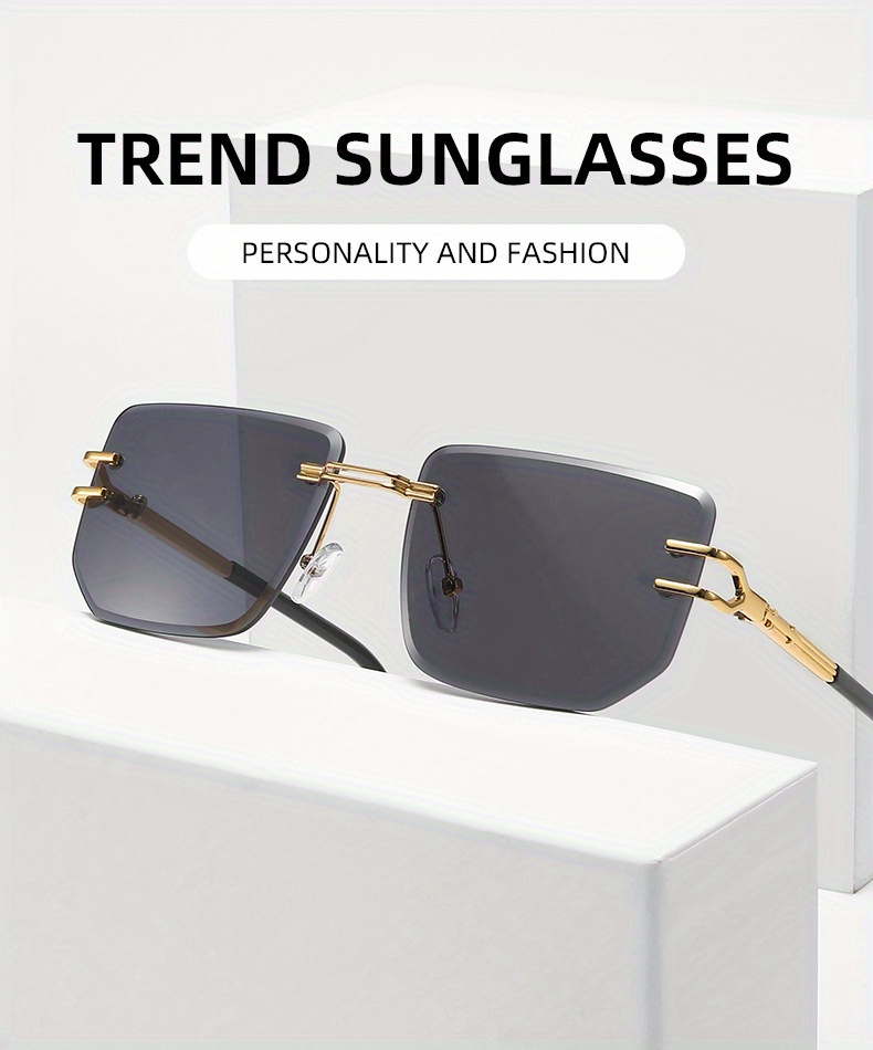 1pc Men's Classic Casual Rimless Sunglasses, Zinc Alloy Frame PC Lens Seaside Sunglasses
