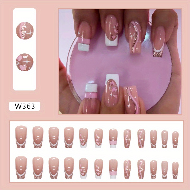 24 pz/scatola unghie finte con colla rosa a forma di cuore fiore cartone  animato unghie finte staccabile francese artificiale Nail Art Tips Manicure  - AliExpress