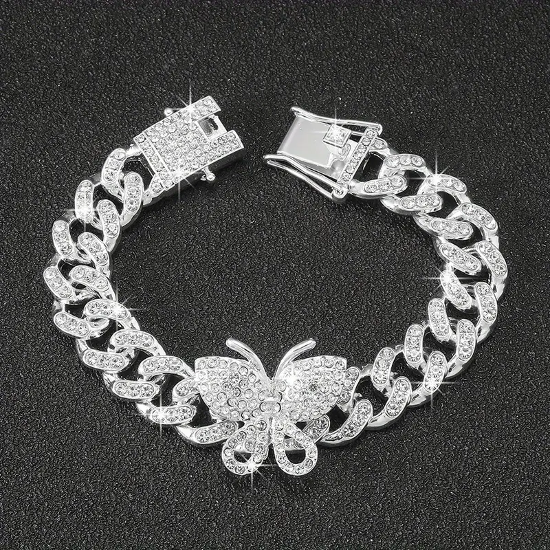 luxury sparkling rhinestone exaggerated style hip hop cuban chain butterfly bracelet details 10