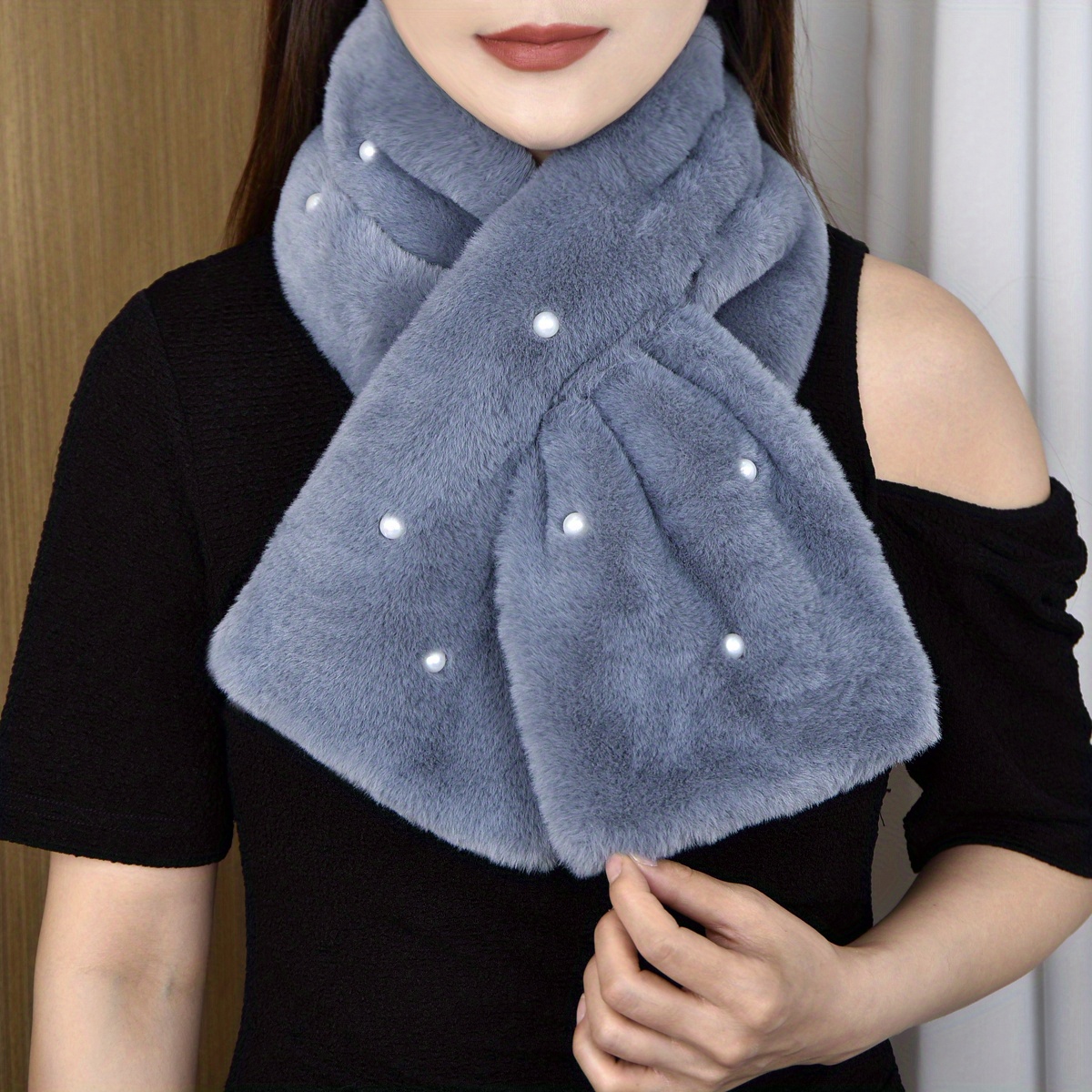 Solid Color Faux Fur Collar Scarf Soft Warm Double Sides Cross Tie Scarf  Faux Pearl Decorated Neck Scarf - Temu