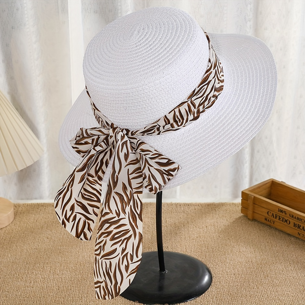 1pc Casual Versatile Sunshade Flat-brimmed Straw Hat With Big Bow For  Spring Summer Travel Seaside, Unisex