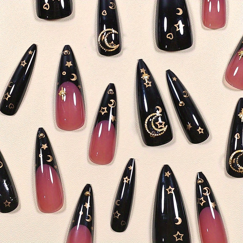 Black French Tip Nails 3d Golden Star Moon Cross Nail - Temu