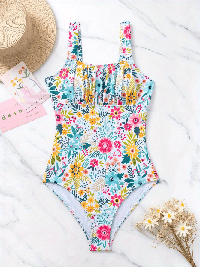 Floral Print Ruched Bust One-piece Swimsuit, High Cut Square Neck Colorful  Cute Bathing Suits, Women's Swimwear & Clothing