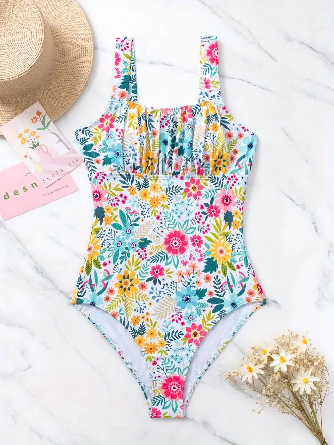 Floral Print Ruched Bust One piece Swimsuit High Cut Square - Temu Canada