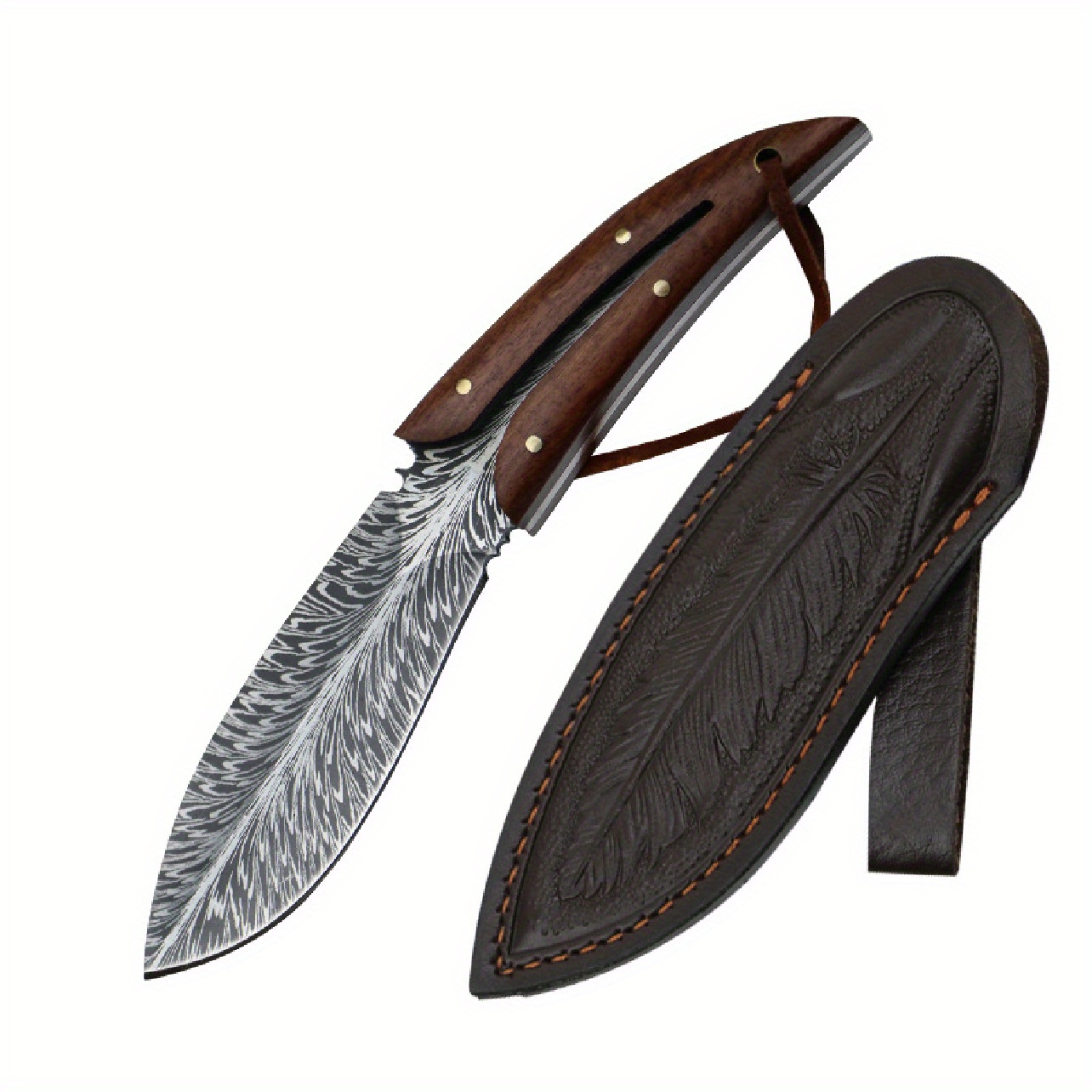 Feather Pattern Knife With Wooden Handle Leather Holder - Temu