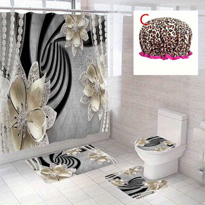 Home Decor Waterproof Shower Curtain Set With 12 Hooks, Toilet Cover Seat,  Bath Mat For Bathroom