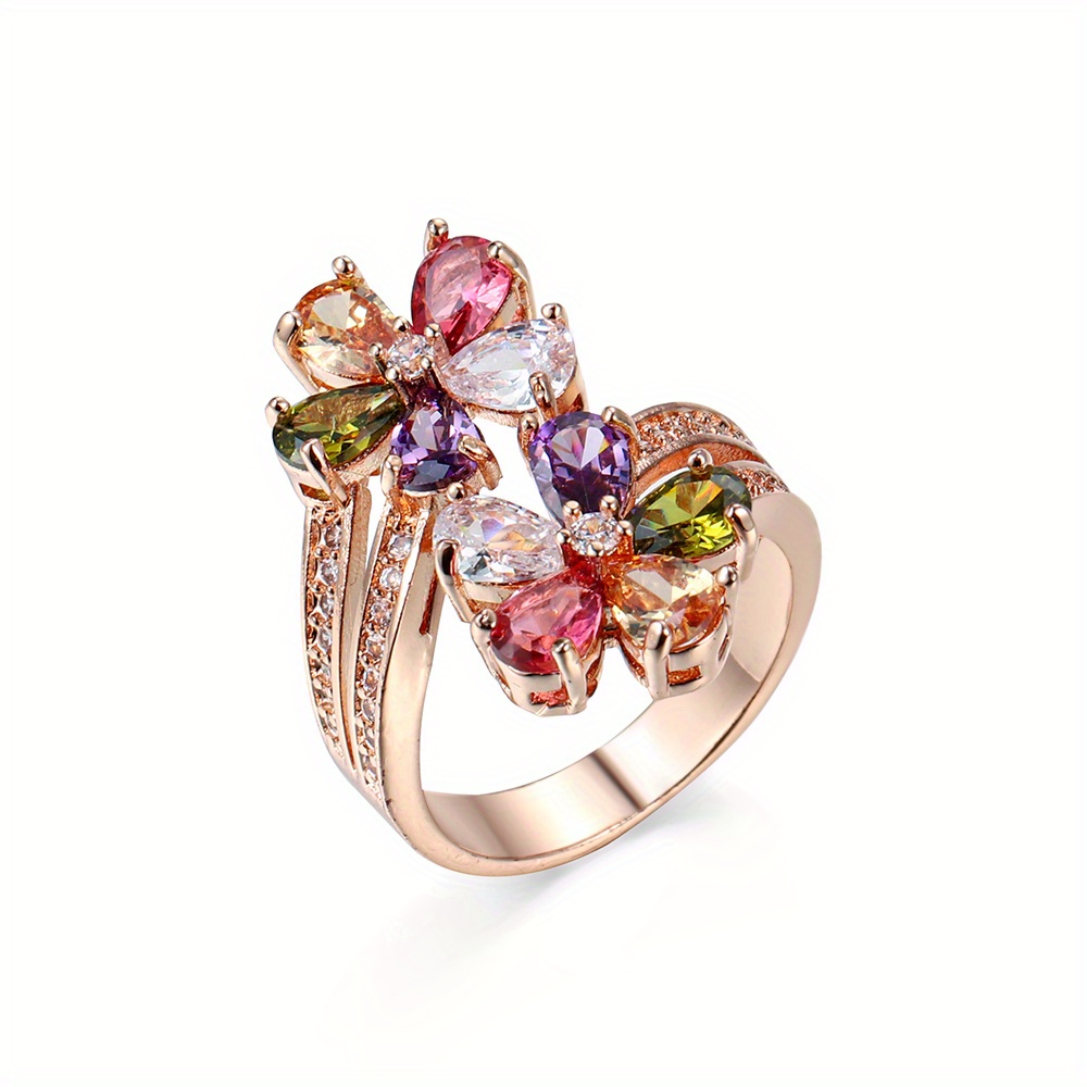 Creative Multicolor Synthetic Synthetic Synthetic Zircon Double Flower Ring Unisex Wedding Proposal Band