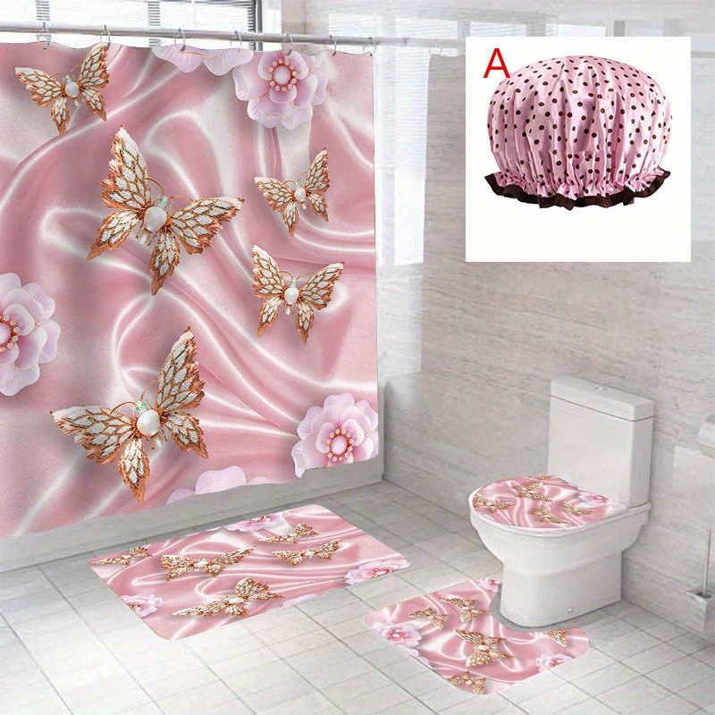 Waterproof Shower Curtain Set With 12 Hooks, 1pc Shower Cap, And Reusable  Bathing Hair Caps, Toilet Seat Covers, Bath Mats, Non-slip Bathroom Rug,  Window Curtains, Bathroom Accessories And Home Decor