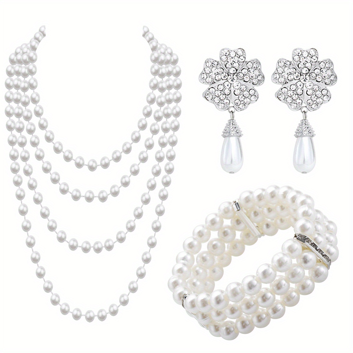 TEMU Luxury 4-piece Faux Pearl Jewelry Set For Wedding, Party, And Everyday Wear, Includes Necklace, Earrings, And Pendant, Perfect For Valentine's Day And Any Occasion